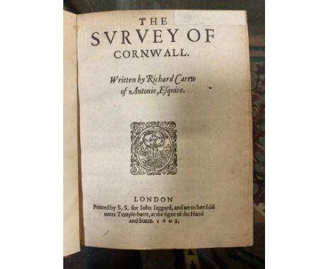 1602 First Edition of 'Survey of Cornwall' by Richard Carew, published by John Jaggard, LondonRe-bound C20th in classic 'Rivi