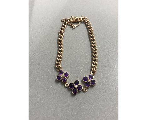 EDWARDIAN 9ct GOLD AMETHYST (Apx 3cts) AND SEED PEARL-SET LINK BRACELET with safety chain