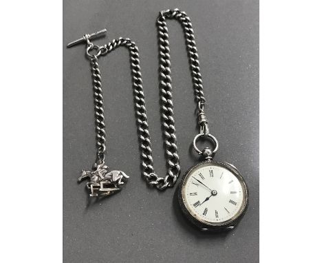 ANTIQUE SILVER SWISS MADE POCKET WATCH with keyed movement hallmarked "1887" & solid SILVER ALBERT CHAIN with horse racing fo