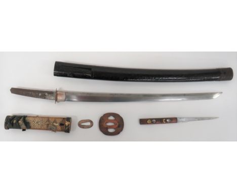 Japanese Wakizashi Short Sword With Signed Kozuka17 1/4 inch, single edged blade of typical form.  Unsigned tang.  Silvered c