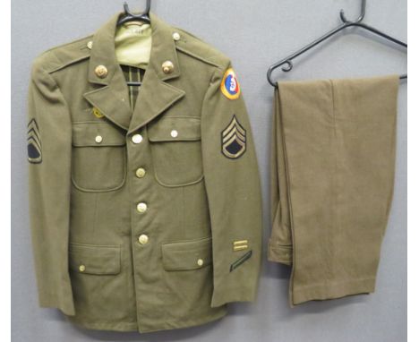 WW2 Pattern American Ordnance Department Sergeant's Uniformkhaki, single breasted, open collar tunic.  Patch chest and lower 