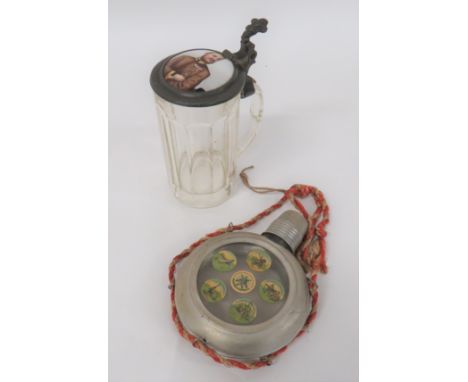 Imperial German Flask And Tankardglass flask with overlaid coloured disks of various Units of the Army.  Pressed tin rim case