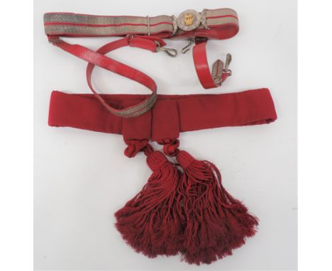 Victorian Officer's Sword Belt And Sash Beltred leather belt with silver braid and red line facing.  Buckle with acanthus lea