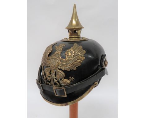 Imperial German Prussian Infantry Pickelhaube&nbsp; black leather crown. &nbsp;Attached front peak with brass edging. &nbsp;A