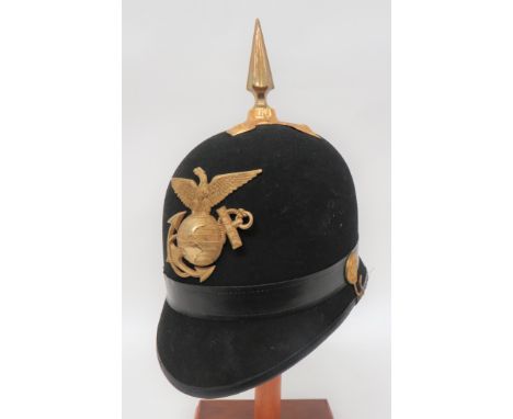 American M1881 USMC Helmet black felt, single panel crown with rounded peak and rear brim. &nbsp;Leather edging. &nbsp;Gilt c