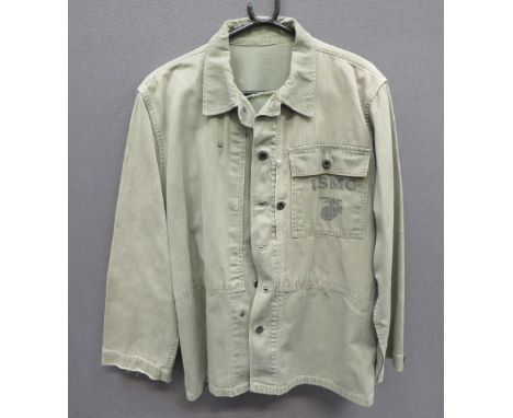 American USMC P44 Herringbone Jacketlight green herringbone twill, single breasted, closed collar jacket with internal wind f