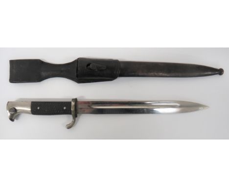 German K98 Parade Bayonet9 3/4 inch, single edged, plated blade.  Wide fuller.  Plated, turn up quillon crossguard and bird b