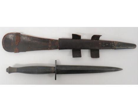 WW2 Third Pattern Fairbairn-Sykes Commando Fighting Knife6 3/4 inch, double edged, blued blade.  Blackened oval crossguard st