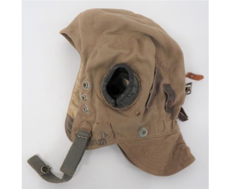 RAF D Type Flying Helmetkhaki drill helmet with rear neck flap.  Fitted to take internal wiring.  Black rubber ear cups.  Gre