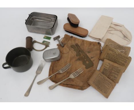 Quantity Of British Military Personal Itemsincluding personal white canvas roll ... Alloy mess tin dated 1945 ... Alloy soap 