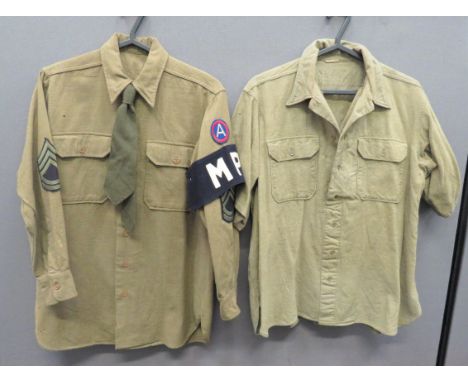 Two American Shirtsconsisting khaki woollen shirt.  Patch chest pockets with buttoned flaps.  Left arm with 3rd Army formatio