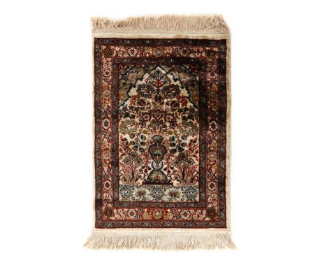 Hand-knotted oriental silk carpet with floral decor, 91x60 cm