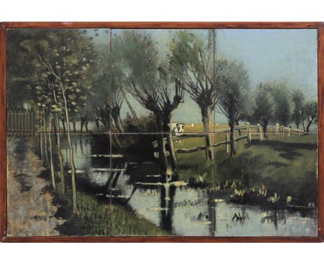 RAM Arnhem polychrome tile tableau of 6 tiles with decoration of landscape with pollard willows by the ditch and cows in the 