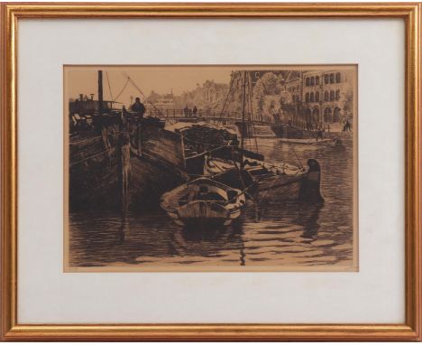 Willem Witsen (1860-1923)Amsterdam cityscape with moored ships, Oude Schans Amsterdam 2, etching no. 17, 25x36 cm. Origin: Bo