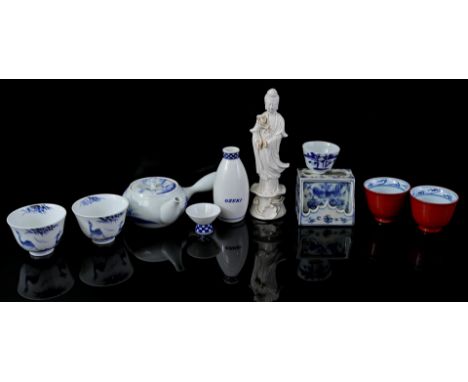 Lot of Asian porcelain including Blanc de Chine Guanyin, China 20th century, 20 cm high (damage), calligraphy holder with blu