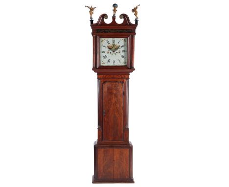 English grandfather clock with painted dial, moon/ship position and day indication, in mahogany veneer case with full columns