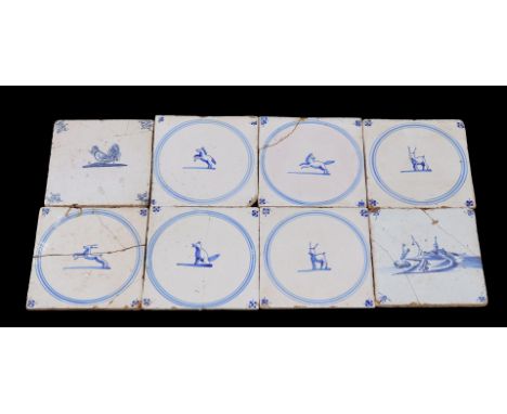 7 earthenware tiles with animal decoration, Holland 18th century, 13x13 cm (including with damage) and tile with landscape, H