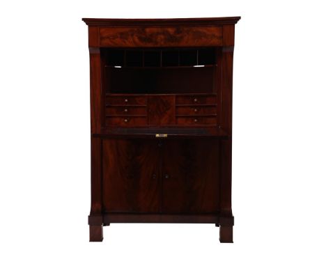 Mahogany veneer on oak secretaire desk with drawer, in nest 6 drawers, door and open compartments, green leather inlaid flaps