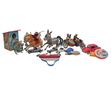 Lot of toys including tin motorbike with sidecar, horse with monkey on back and cars