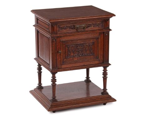 Oak cabinet with base shelf with woodcarving in drawer and door, 80 cm high, top 57x48 cm