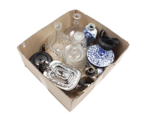 Box with crystal carafes, biscuit jar and stopper bottle, Delft blue 18th century earthenware butter dish with damaged vase, 