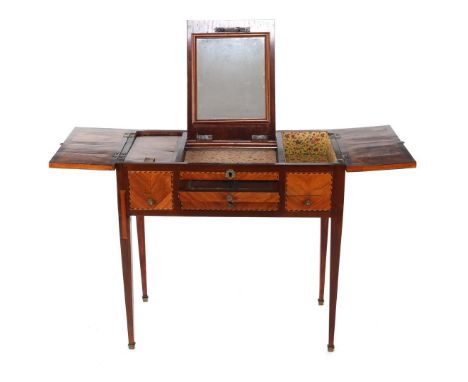Rosewood veneer vanity/dressing table with marquetry, folding mirror, 2 drawers, pull-out shelf inlaid with black leather, an