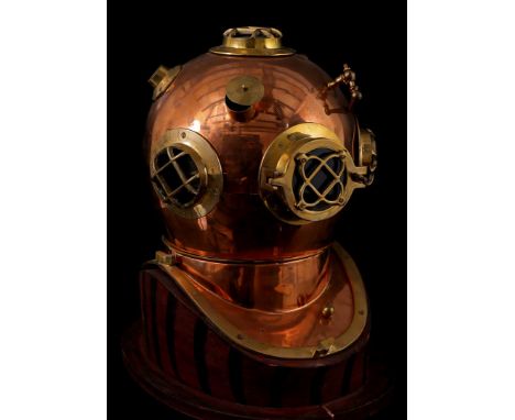 Copper diving bell on wooden console, total height 52 cm