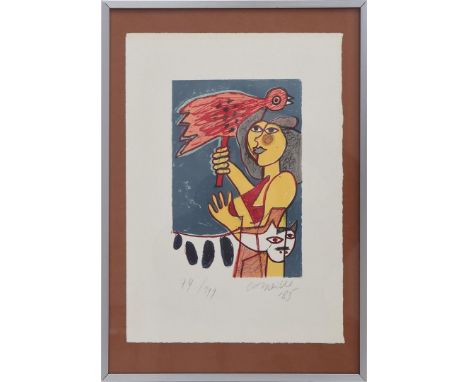 Corneille (Cornelis Guillaume van Beverloo) (1922-2010)Composition of woman with cat and bird, color lithograph from 1983, 74