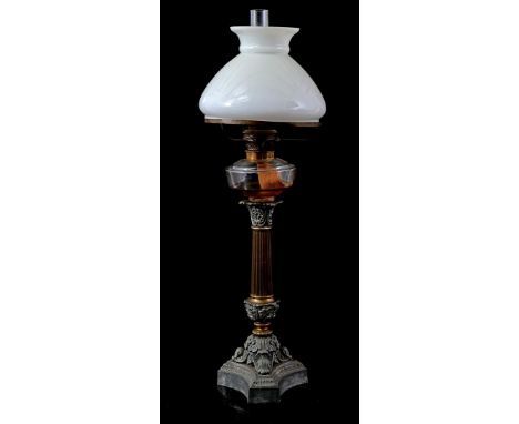 Classic metal and copper table oil lamp with opaline glass shade, 61 cm high