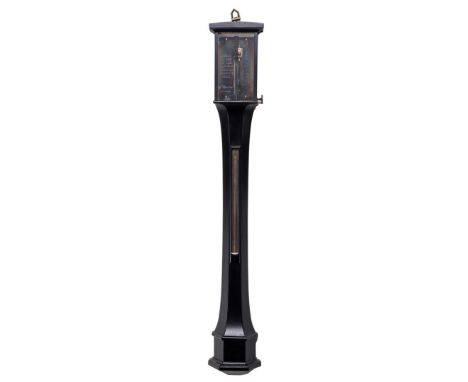 Dutch stick barometer with address H. Deutgen Groningen on brass plate behind window, in black lacquered wooden cabinet, ca. 