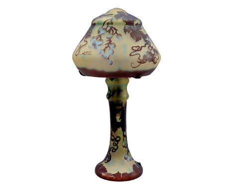 2-piece glass Gallé style table lamp with relief decoration of grapes on vines, 44 cm high
