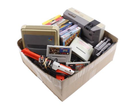 Nintendo (NES) console with 2 controllers and zapper, Probotector, Zelda, Mega Man, Super Mario 2, Tetris (all in packaging),