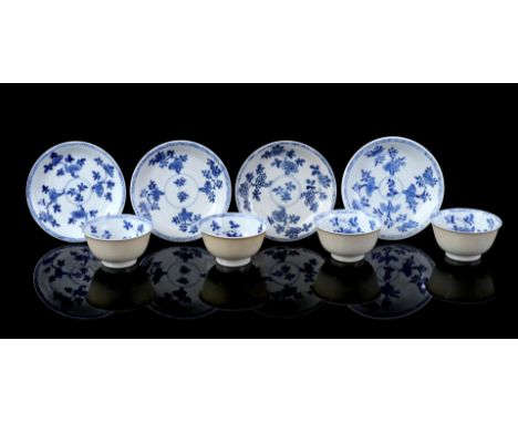 4 porcelain cups and saucers with blue floral decoration and chamois leather exterior, marked, China Kangxi period ca. 1700 (