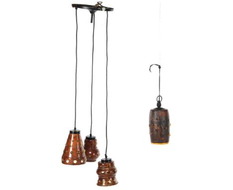 2 glass pendant lamps including 3-light, executed by Peill &amp; Putzler and Philips (single lamp) design, Netherlands, secon