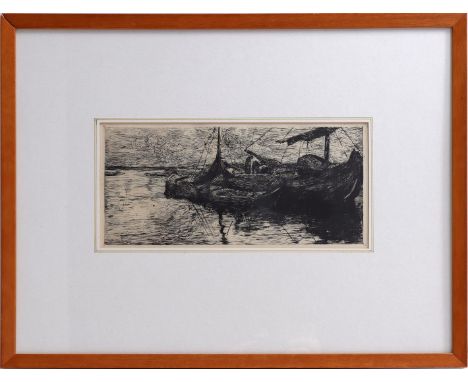 Floris Verster (1861-1927)Ships in canal, etching 110x237 mm. Origin: Borzo Art Gallery, Den Bosch