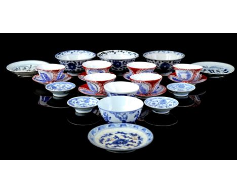 Lot of Chinese and Japanese porcelain including Hirado cups and saucers and a bowl with blue decoration of figures (various d