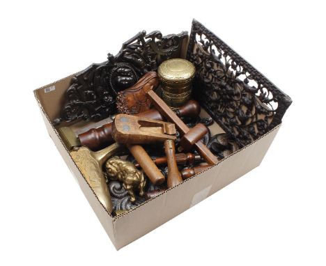Box of various items including cast iron ornaments, antique tools and brass including inkwell in the shape of a dog
