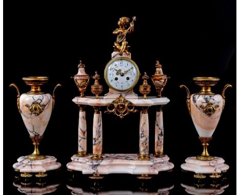 Classic onyx column clock with bronze-colored metal lute player on top, vase ornaments and enameled dial with domed glass doo