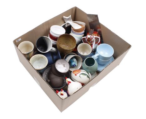 Box of ceramics including porcelain and earthenware cups and saucers