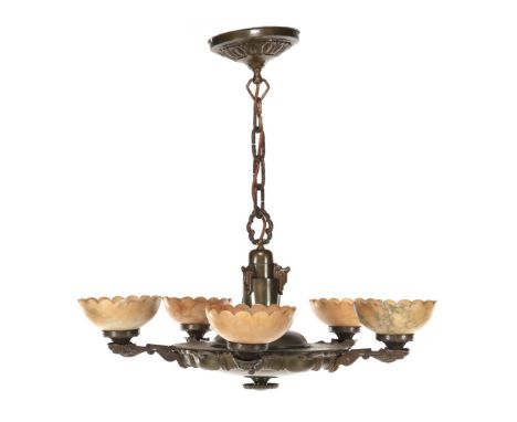 Copper Art Deco 5-arm pendant lamp with alabaster bowls, approx. 70 cm diameter