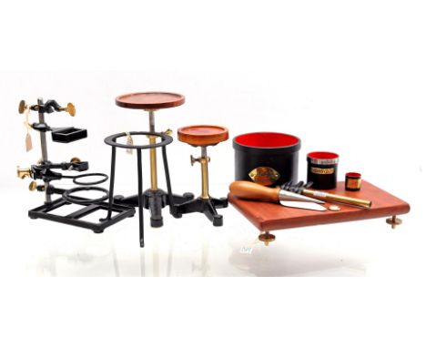 Lot of accessories including tripod tables for tasting, adjustment table with spirit level and cork drills