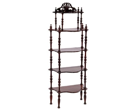 Walnut-coloured 5-shelf wall tier with decorated crest, 136 cm high, 53 cm wide, 30 cm deep, 20th century (damage to the fron