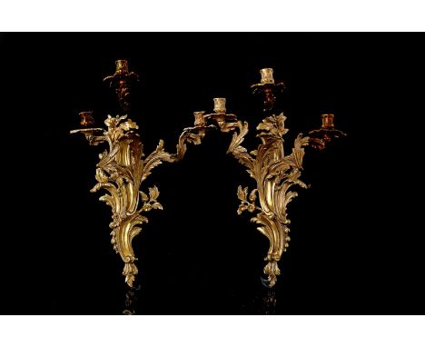 2 classic bronze 3-light wall chandeliers for candles, 55 cm high, 36 cm wide