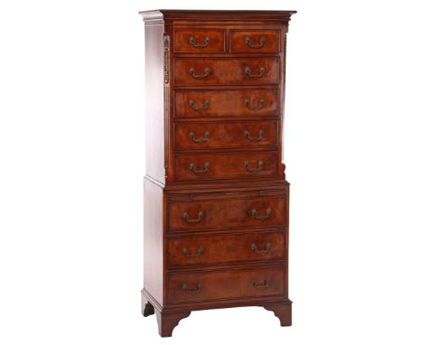 Burr walnut veneer 9-drawer Chest-on-Chest with pull-out shelf, mortise and tenon work in beveled corners, England 20th centu