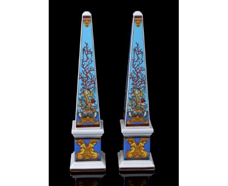 2 porcelain Rosenthal Versace obelisks decor Les Trésors de la Mer, 38 cm high