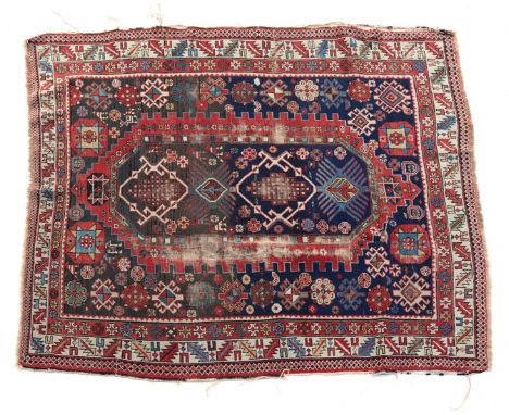 Hand-knotted wool carpet with oriental decor, Kazakh, 153x118 cm (worn)