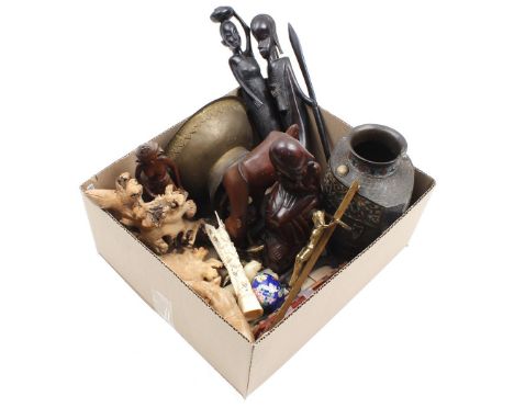Box with Asian and African wood carvings, bronze bowl, bronze figures, bone object, porcelain egg, cloisonné vase, iron betel