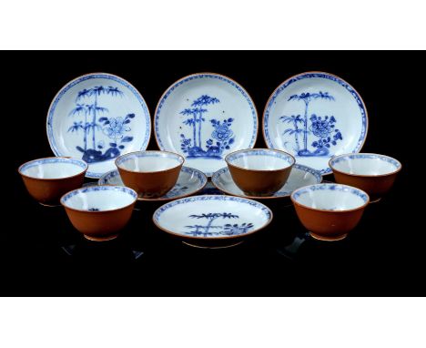6 Capuchin cups and saucers with blue floral decoration, Nanking Cargo, China Qianlong period ca. 1750 (1 cup with many hairl