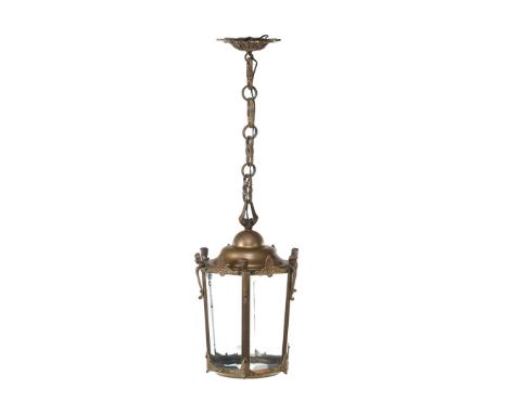 Copper hexagonal hall lamp with facet-cut windows, 91 cm high, 32 cm diameter