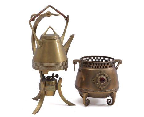 Copper Daalderop kettle on holder with burner, 40 cm high (handle broken at highest point) and copper flower pot with openwor